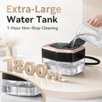 Large water tank being filled with a clear liquid on a table, with text indicating capacity and cleaning time.