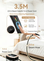 Mektri Steam Cleaner shown in a bedroom setting with overlaid text and callouts describing the 3.5 m length, 2.