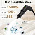 Black Mektri Steam Cleaner high-temperature steam cleaner shown on white bedding with marketing text reading 1500W, 125°C, and 15S, plus germ-sterilization claims.
