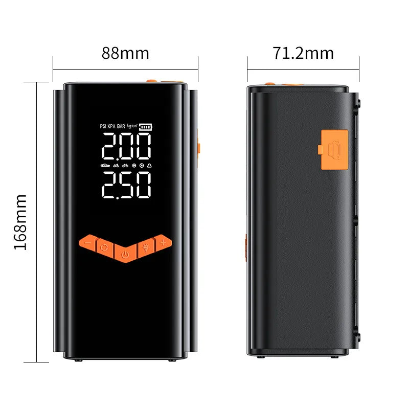 Black Mektri 2 in 1 Jump Starter & Tyre Inflator with digital display and dimensions labeled on a white background