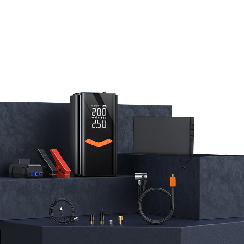 Black Mektri 2 in 1 Jump Starter & Tyre Inflator with digital display on a dark platform