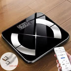 MillKindy Smart Body Scale on a wooden floor with a smartphone and USB cable inset.