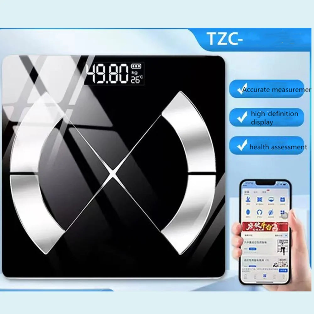 MillKindy Smart Body Scale with smartphone app interface on a light blue background