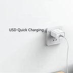 A white USB wall charger plugged into a white wall outlet, with the text 'USB Quick Charging' printed on the left side of the image.