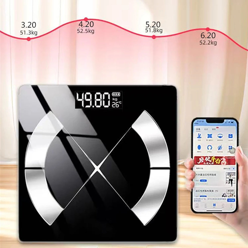 MillKindy Smart Body Scale with smartphone app on a wooden surface