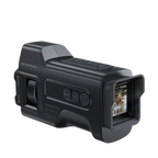 A black thermal imaging rifle MonoViewi Camera Monocular with an integrated display screen showing a thermal view of an elk, photographed on a solid white background.