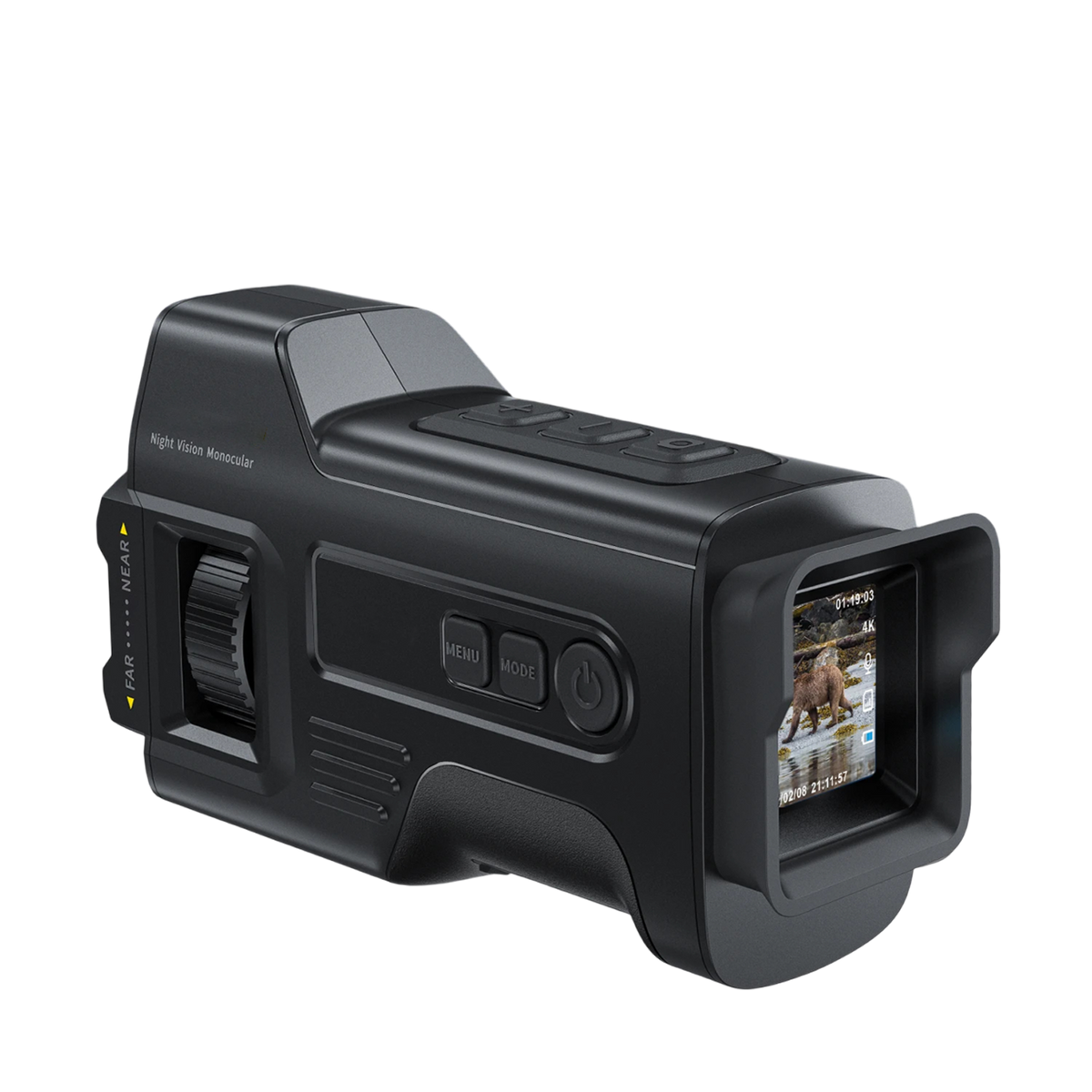 A black thermal imaging rifle MonoViewi Camera Monocular with an integrated display screen showing a thermal view of an elk, photographed on a solid white background.