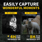 Advertisement showcasing 4K video and 36MP image capabilities with an owl and sheep, and infrared runtime information.