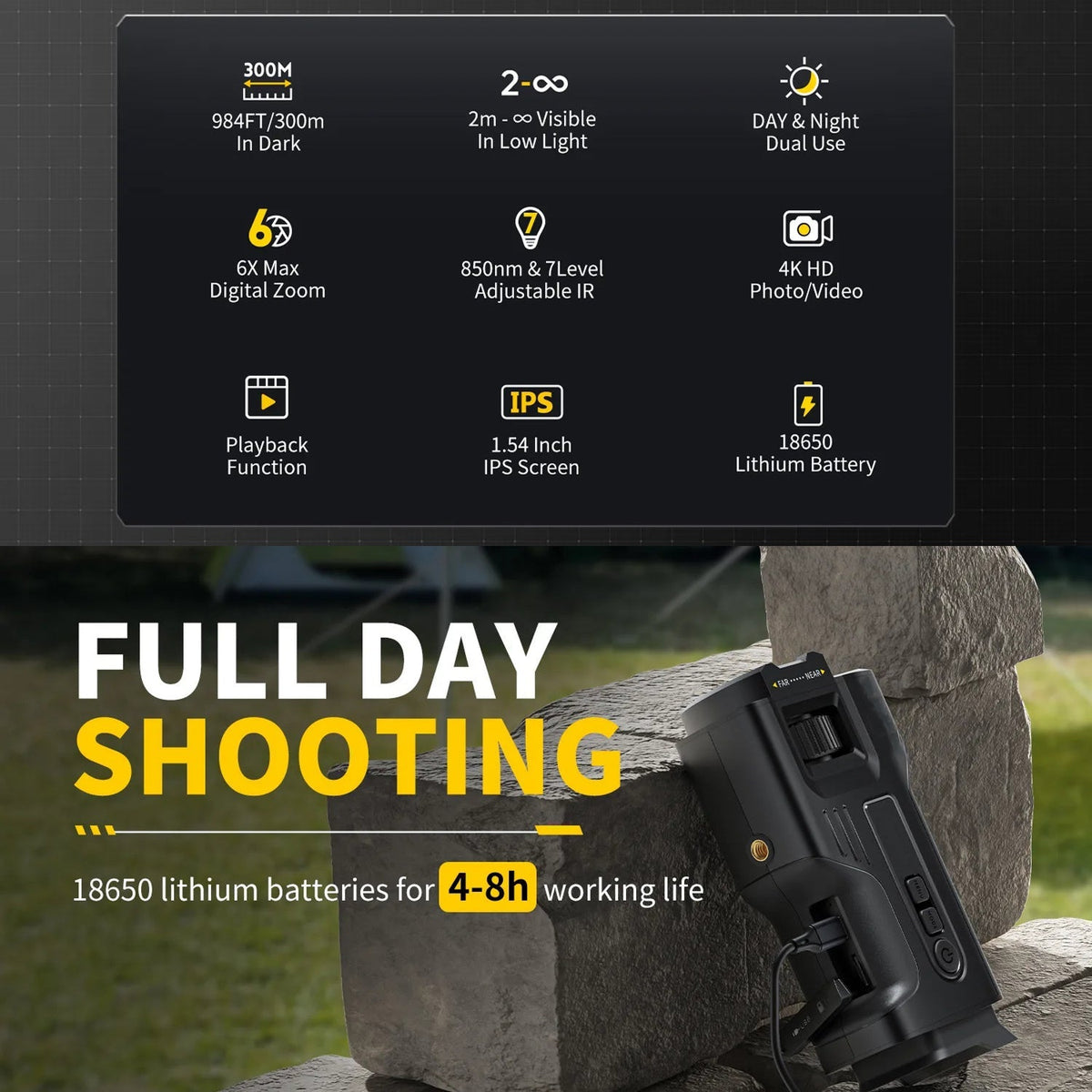 A promotional graphic for a black underwater camera with feature callouts on a dark panel and large text reading 'FULL DAY SHOOTING' over a stone-and-water outdoor scene. The camera is shown attached to a rock in shallow water, with feature icons and text describing depth, lighting, zoom, screen, and battery life.