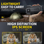 A promotional graphic for a compact black MonoViewi Camera Monocular being held in a hand. The image includes marketing text such as 'LIGHTWEIGHT EASY TO CARRY' and 'HIGH DEFINITION IPS SCREEN,' plus two small screen comparisons showing a tiger photo with labeled IPS screen and ordinary screen.