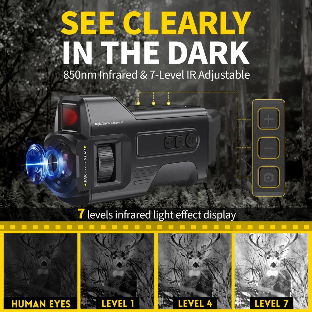 A promotional graphic for a black infrared night sight MonoViewi Camera Monocular with blue lens flare illustration, set against a dark forest background. Large yellow and white text reads 'SEE CLEARLY IN THE DARK' and '850nm Infrared & 7-Level IR Adjustable.