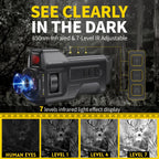 A promotional graphic for a black infrared night sight MonoViewi Camera Monocular with blue lens flare illustration, set against a dark forest background. Large yellow and white text reads 'SEE CLEARLY IN THE DARK' and '850nm Infrared & 7-Level IR Adjustable.