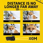 MonoViewi Camera Monocular zoom demonstration with a fox in the snow on a yellow background