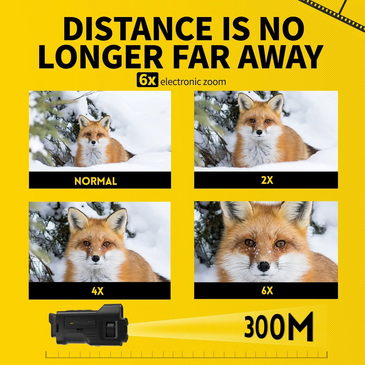 MonoViewi Camera Monocular zoom demonstration with a fox in the snow on a yellow background