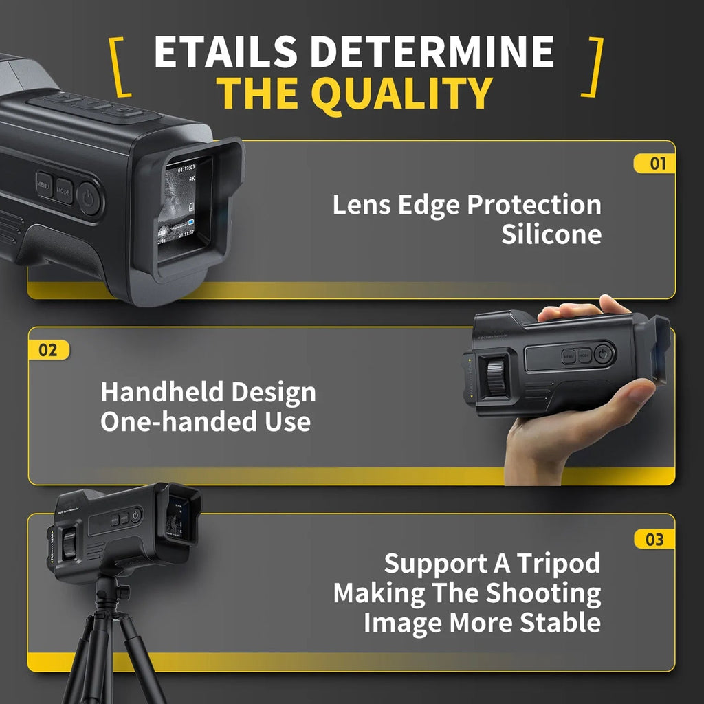 Promotional infographic detailing MonoViewi Camera Monocular features of a black rangefinder/long-range camera. The graphic is divided into three numbered sections (01, 02, 03) with yellow accents on a dark gray background: 'Lens Edge Protection Silicone', 'Handheld Design One-handed Use' (showing a hand holding the device), and 'Support A Tripod Making The Shooting Image More Stable' (showing the device on a tripod).