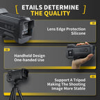 Promotional infographic detailing MonoViewi Camera Monocular features of a black rangefinder/long-range camera. The graphic is divided into three numbered sections (01, 02, 03) with yellow accents on a dark gray background: 'Lens Edge Protection Silicone', 'Handheld Design One-handed Use' (showing a hand holding the device), and 'Support A Tripod Making The Shooting Image More Stable' (showing the device on a tripod).