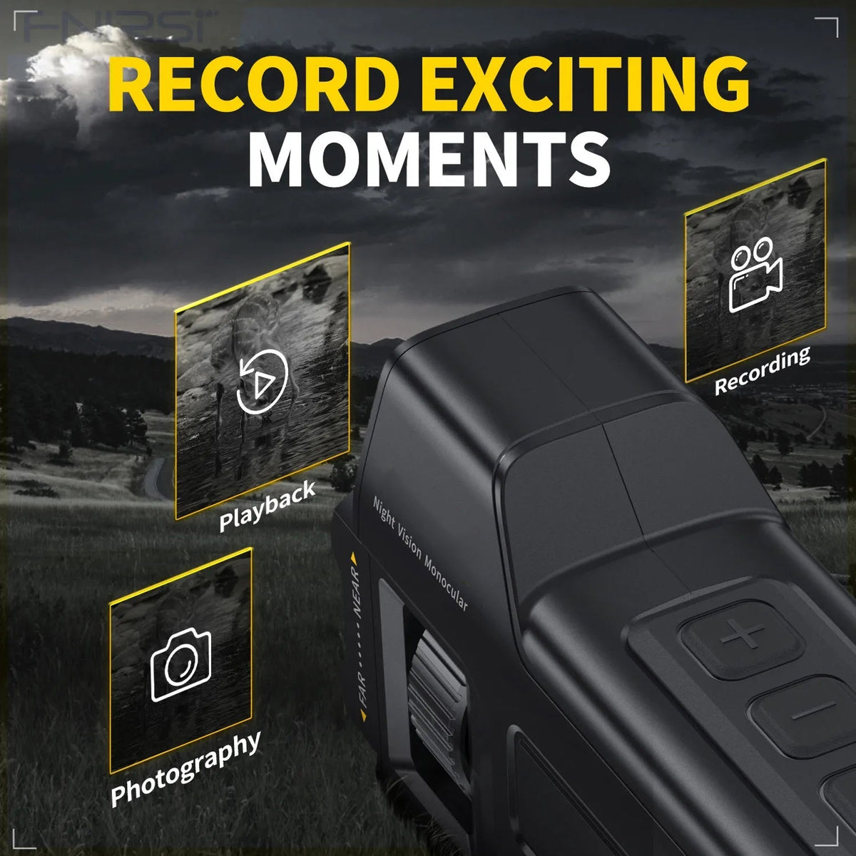 A black night MonoViewi Camera Monocular device shown in a promotional graphic with the text 'RECORD EXCITING MOMENTS' and callouts for Playback, Recording, and Photography over a dark outdoor scene.