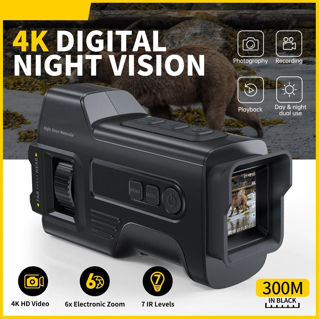 Black MonoViewi Camera Monocular with a 4K digital display, shown with feature icons and text overlays on a yellow and black background.