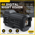 Black MonoViewi Camera Monocular with a 4K digital display, shown with feature icons and text overlays on a yellow and black background.