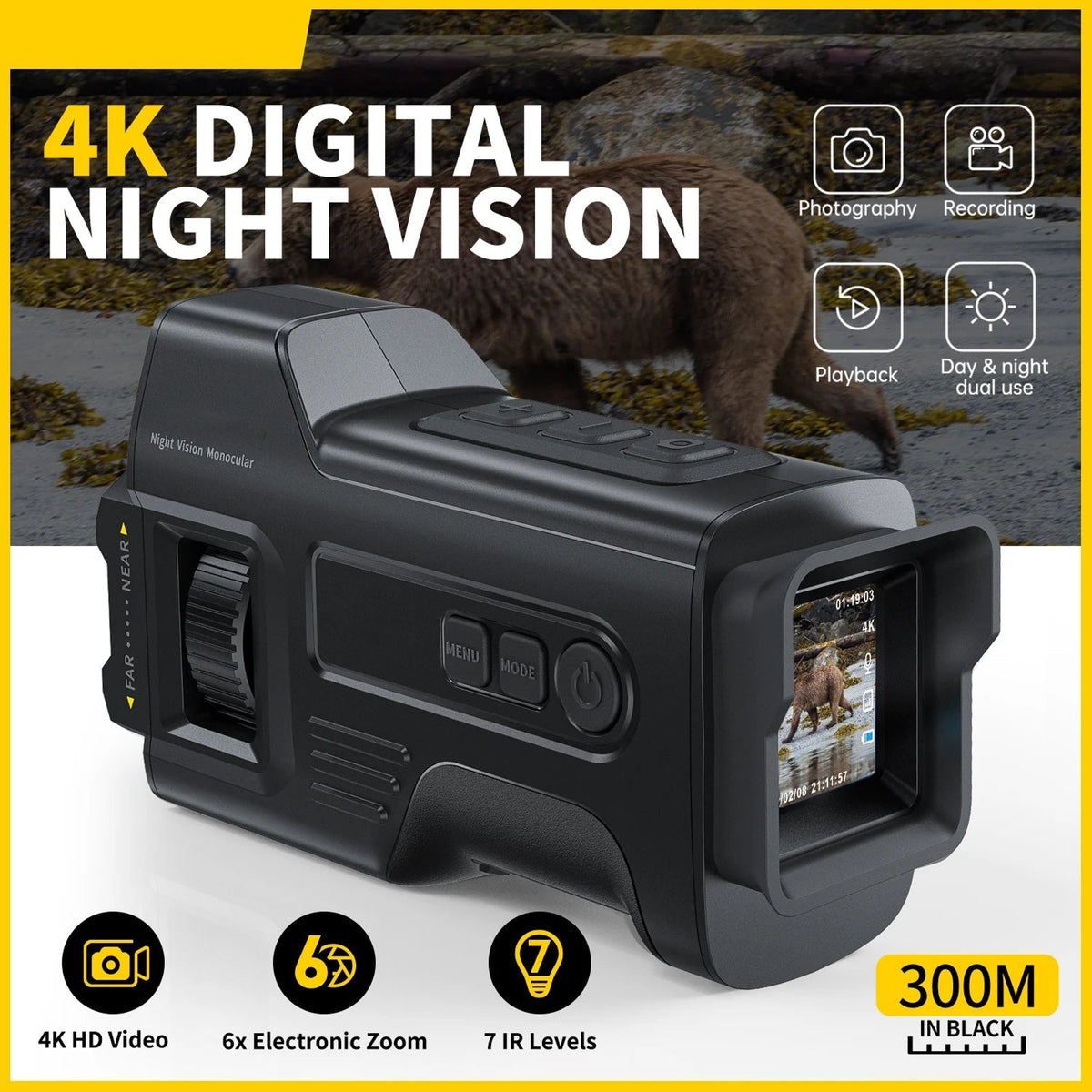 Black MonoViewi Camera Monocular with a 4K digital display, shown with feature icons and text overlays on a yellow and black background.