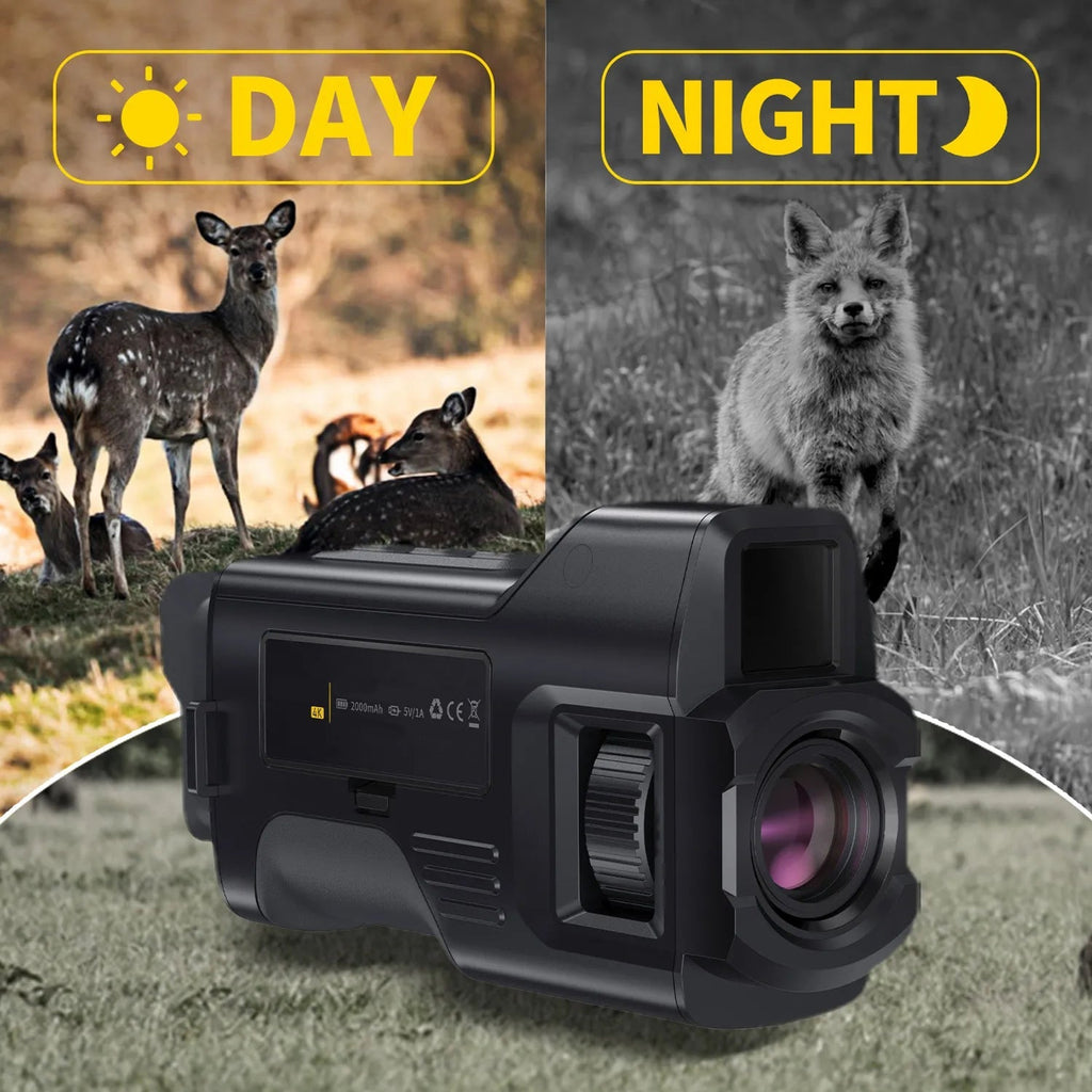 Black MonoViewi Camera Monocular shown over a split background with a color daytime deer scene labeled DAY on the left and a grayscale nighttime scene labeled NIGHT on the right, with a fox visible in the night section.