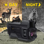 Black MonoViewi Camera Monocular shown over a split background with a color daytime deer scene labeled DAY on the left and a grayscale nighttime scene labeled NIGHT on the right, with a fox visible in the night section.