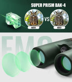 Comparison of Super Prism BAK-4 and BAK-7 lenses with Nodea Orizon Binoculars on a green background.