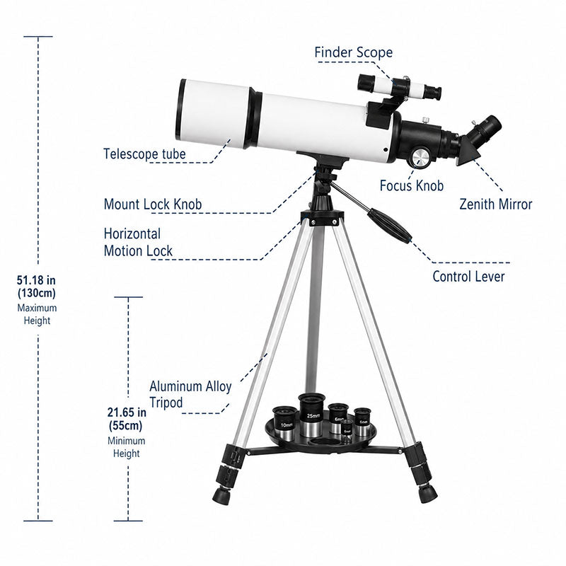 Noventrixa Astronomical Telescope adjustable aluminium tripod dimensions and labelled components
