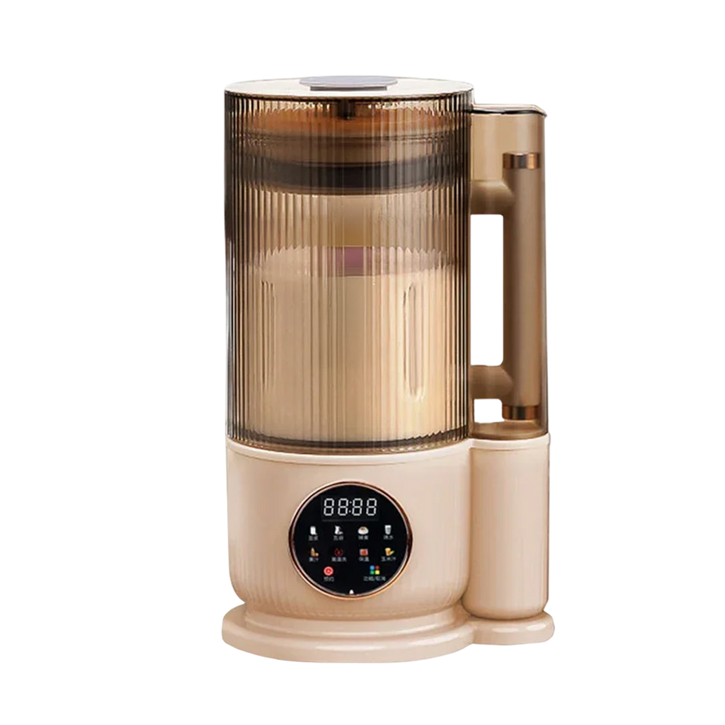 Beige and gold NutyClax Nut Milk Maker appliance with digital display on a white background