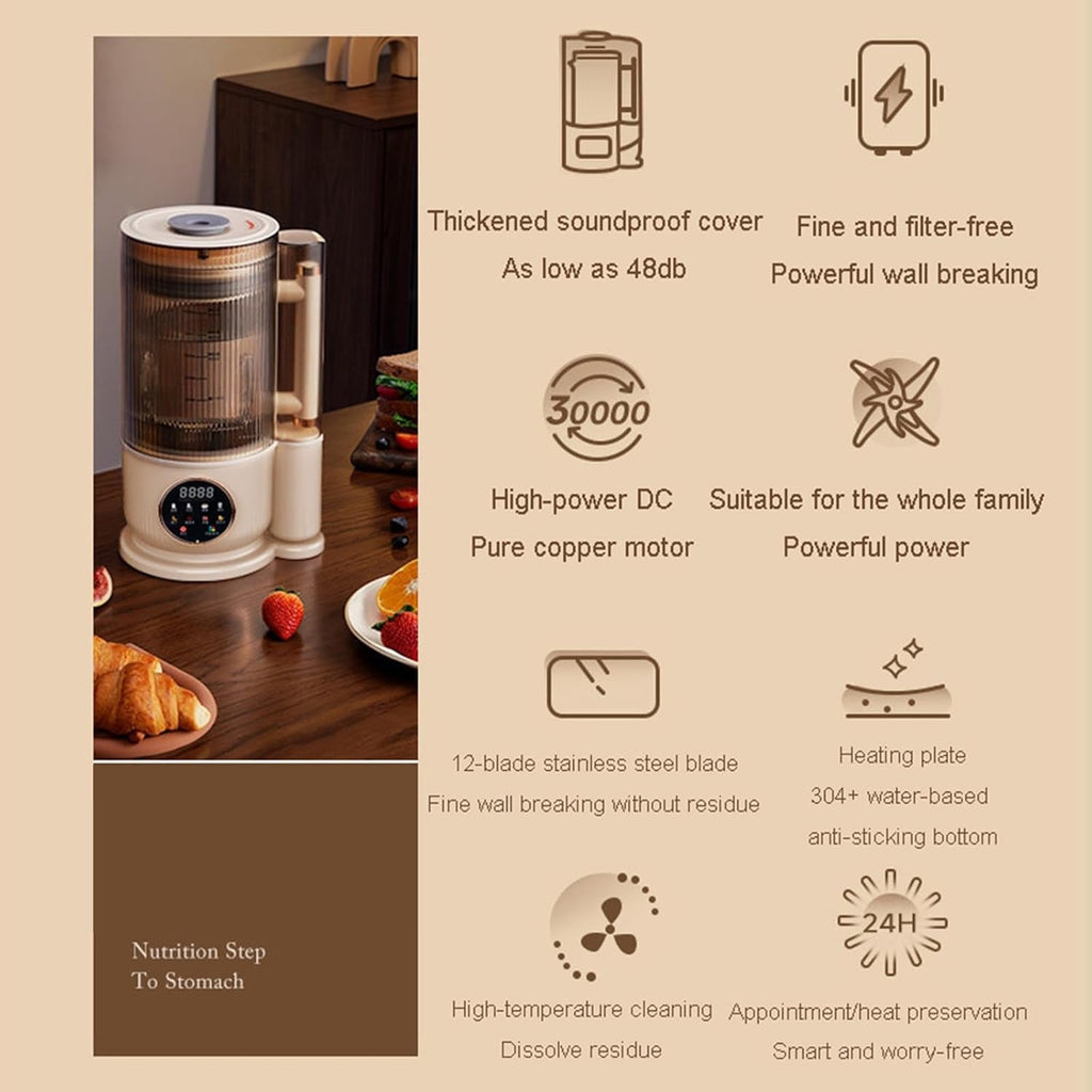 NutyClax Nut Milk Maker on a table with features listed on the right side.