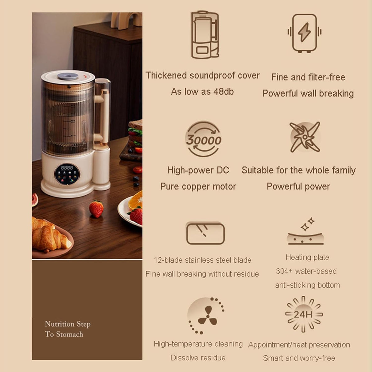 NutyClax Nut Milk Maker on a table with features listed on the right side.