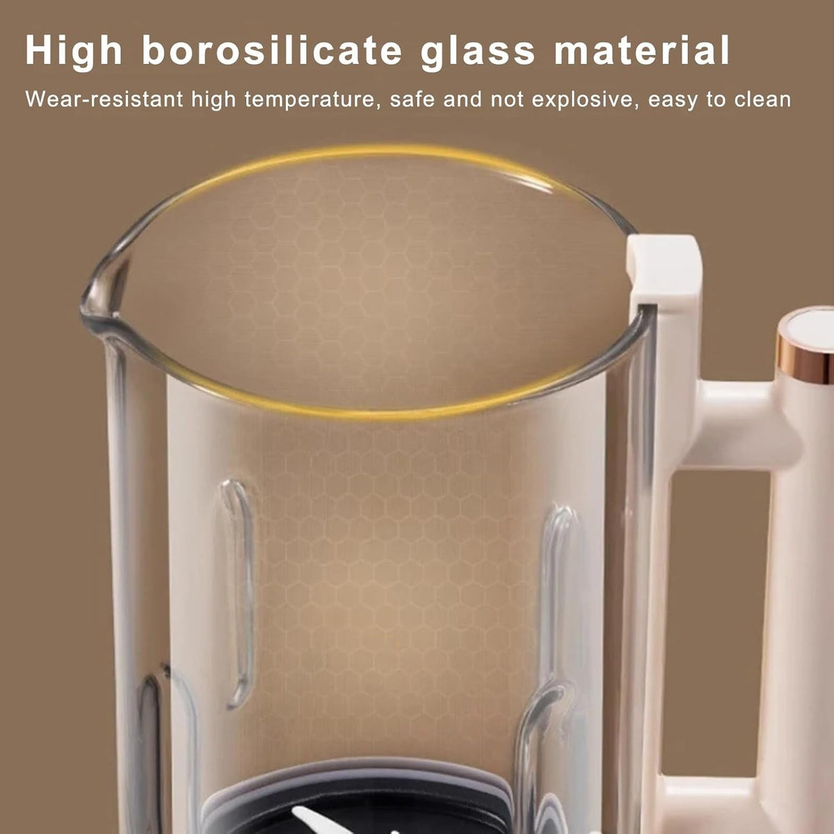 Glass NutyClax Nut Milk Maker with text on a brown background