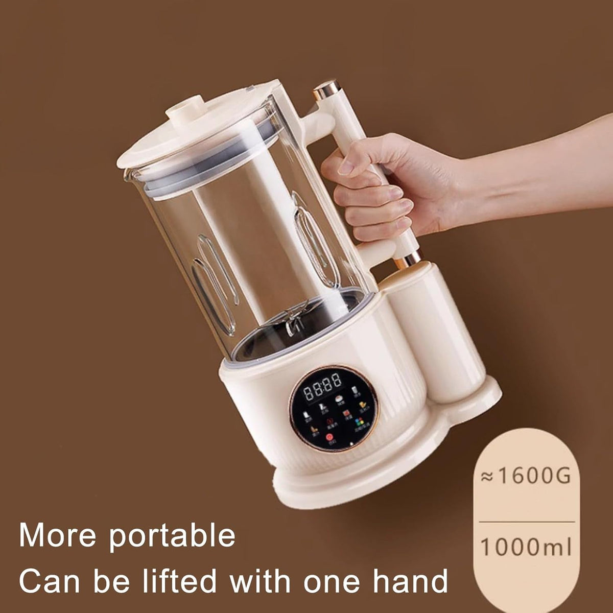 Hand holding a NutyClax Nut Milk Maker with text indicating portability and weight.