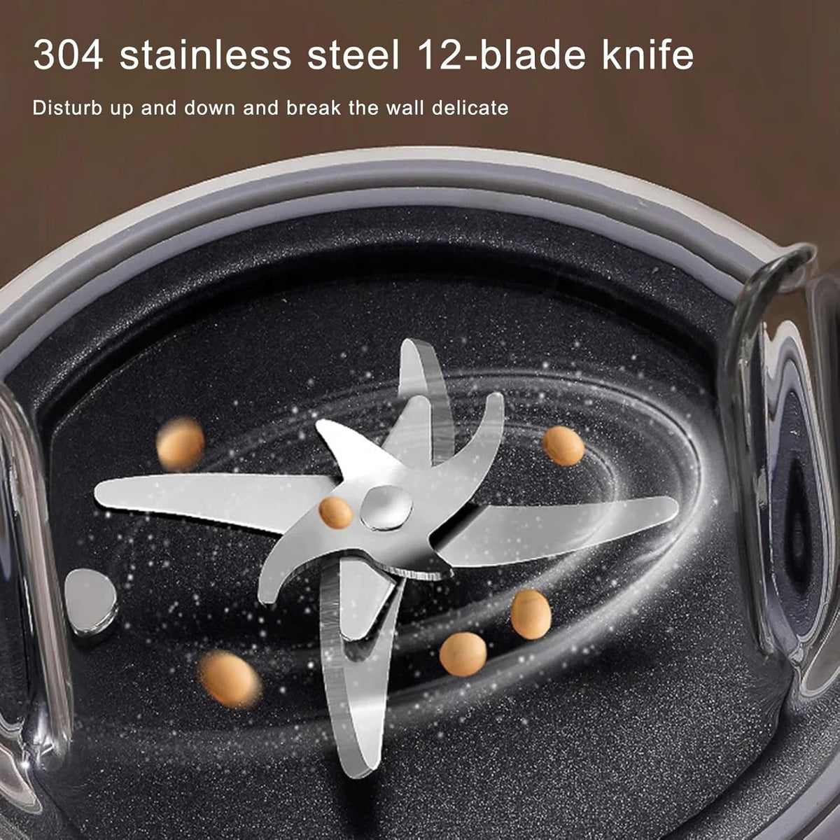 NutyClax Nut Milk Maker with '304 stainless steel 12-blade knife' text on a dark background