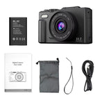 Optinexo 5K Digital Compact Camera with battery, charger, case, and user guide on a white background