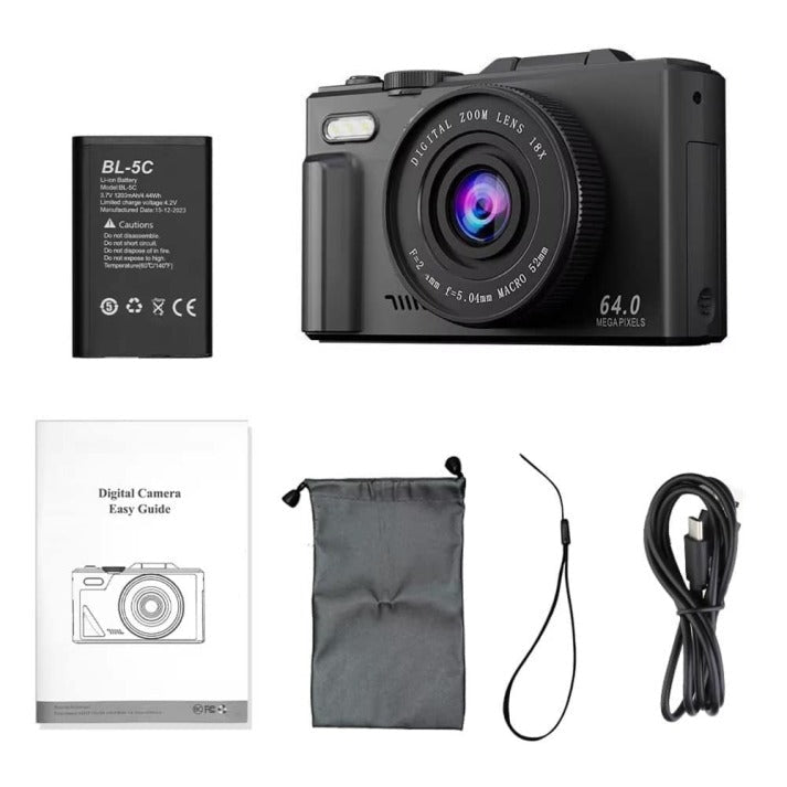 Optinexo 5K Digital Compact Camera with battery, charger, case, and user guide on a white background