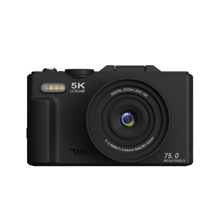 Black Optinexo 5K Digital Compact Camera with 5K UltraHD and 75.0 Mega Pixels on a white background