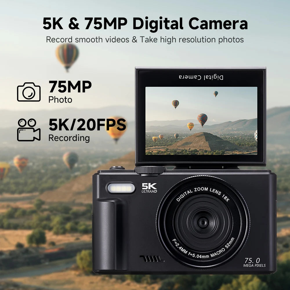 Optinexo Digital Camera  with 5K and 75MP capabilities, displayed against a scenic background with hot air balloons.