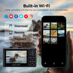 Optinexo Digital Compact Camera and smartphone showing built-in Wi-Fi features with scenic background