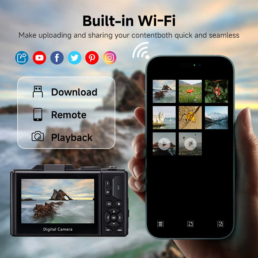 Optinexo Digital Compact Camera and smartphone showing built-in Wi-Fi features with scenic background