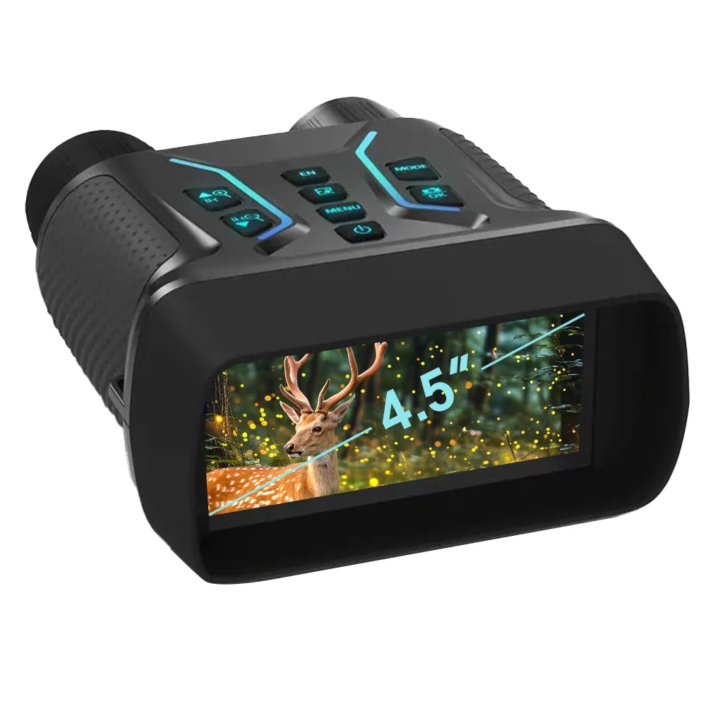 Black hunting Optinexo Night Vision Binoculars with digital display showing a deer and measurement on a white background