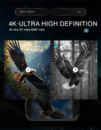 4K ultra HD video display with an eagle in flight, featuring Optinexo Night Vision Binoculars capabilities.