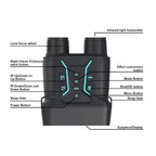 Black night vision Optinexo Night Vision Binoculars with labeled buttons and features on a white background