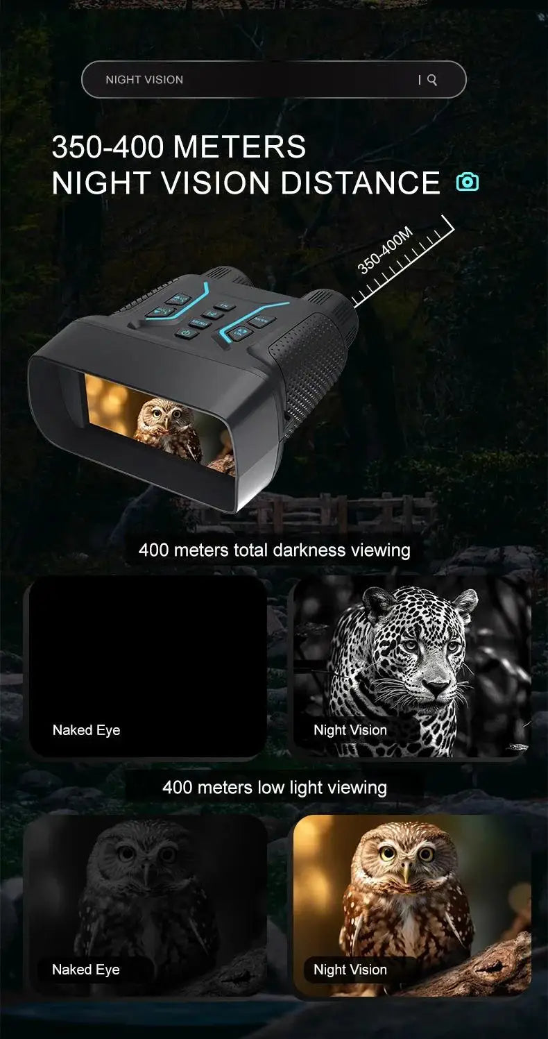 Optinexo Night Vision Binoculars  with text indicating distance and viewing capabilities on a dark background.