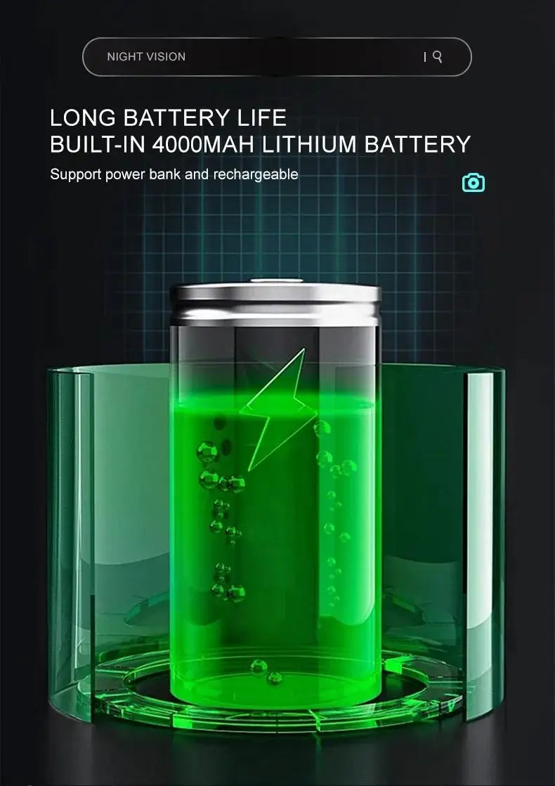 Green cylindrical Optinexo Night Vision Binoculars with a transparent base on a dark background, highlighting its long battery life feature.