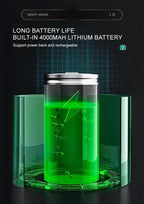 Green cylindrical Optinexo Night Vision Binoculars with a transparent base on a dark background, highlighting its long battery life feature.