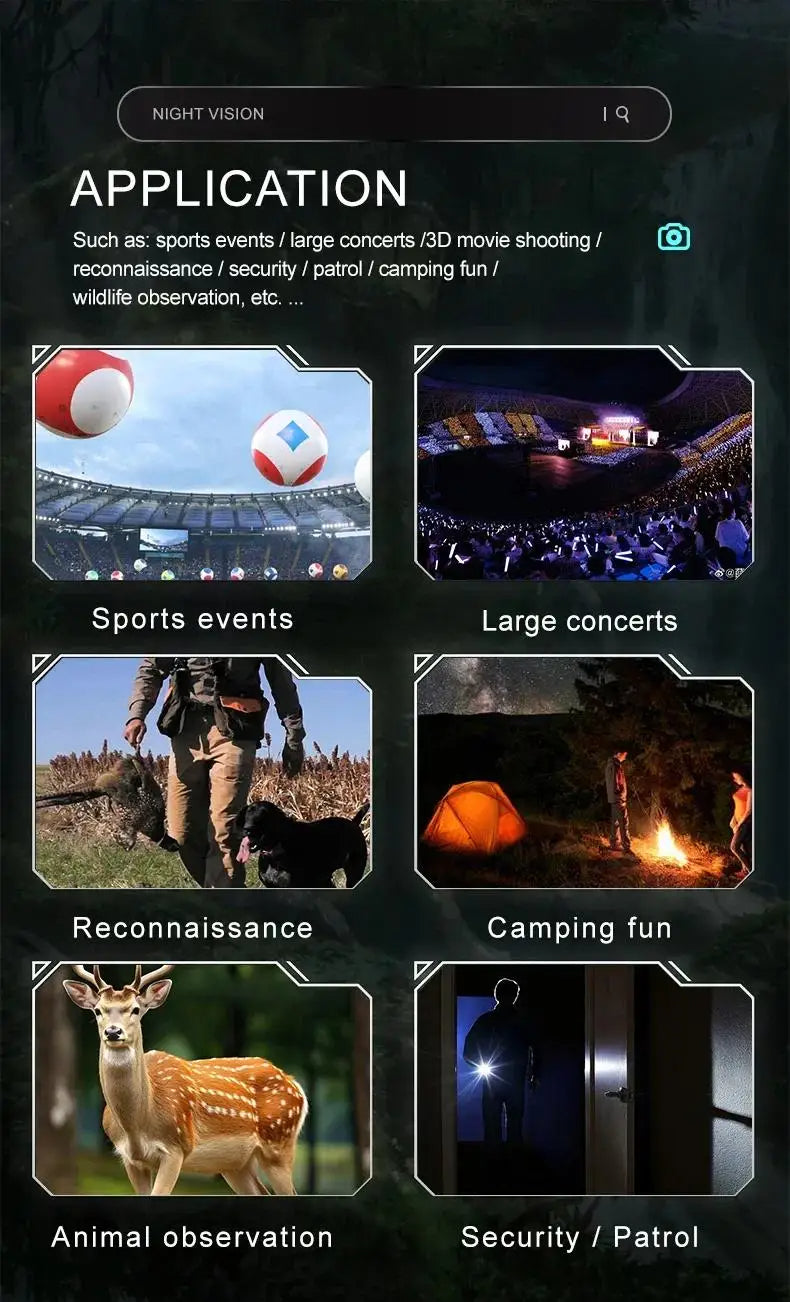 Application interface for Optinexo Night Vision Binoculars with various use cases including sports events, large concerts, reconnaissance, camping, and animal observation.
