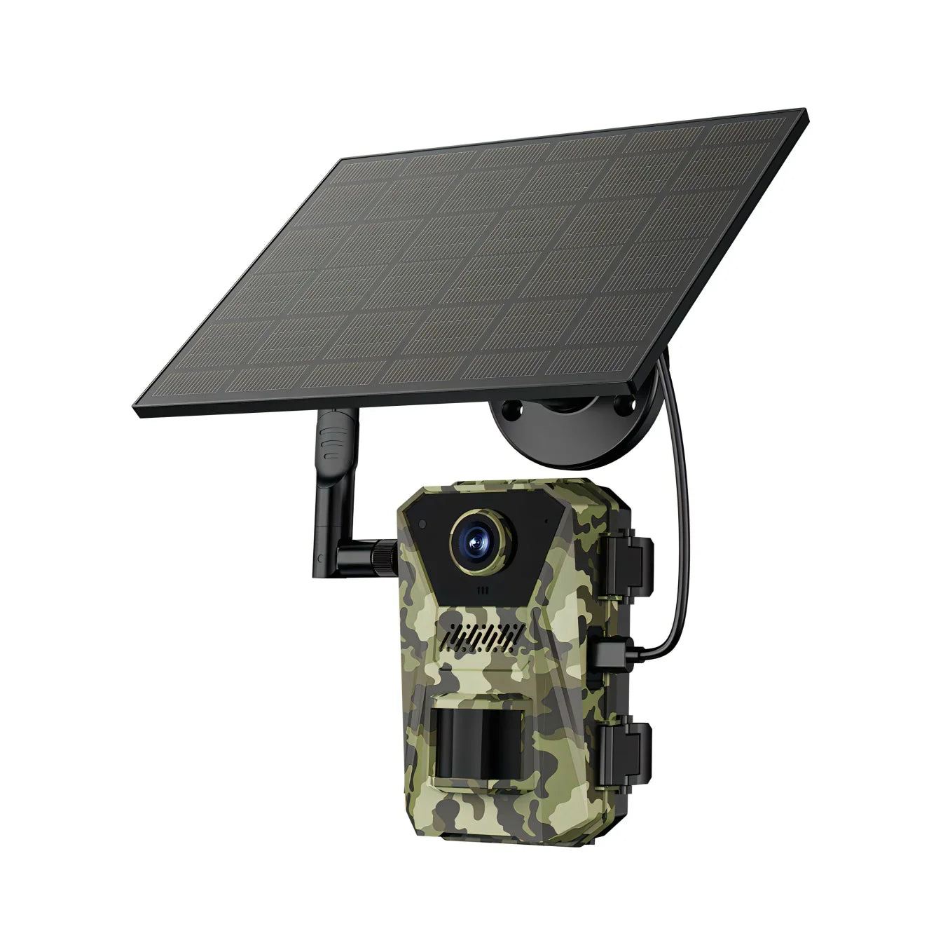 Optinexo OWL-X Trail Camera -patterned security camera with solar panel on a white background