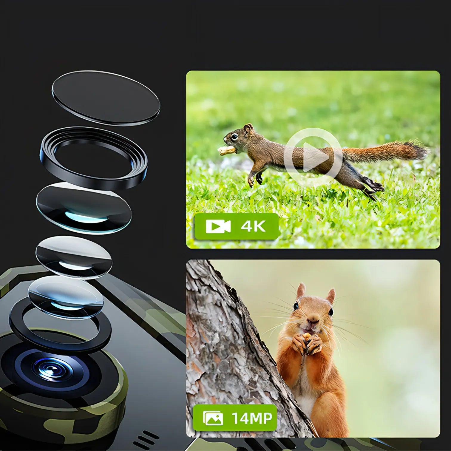 Optinexo OWL-X Trail Camera lens set with images of a squirrel on grass and a tree.