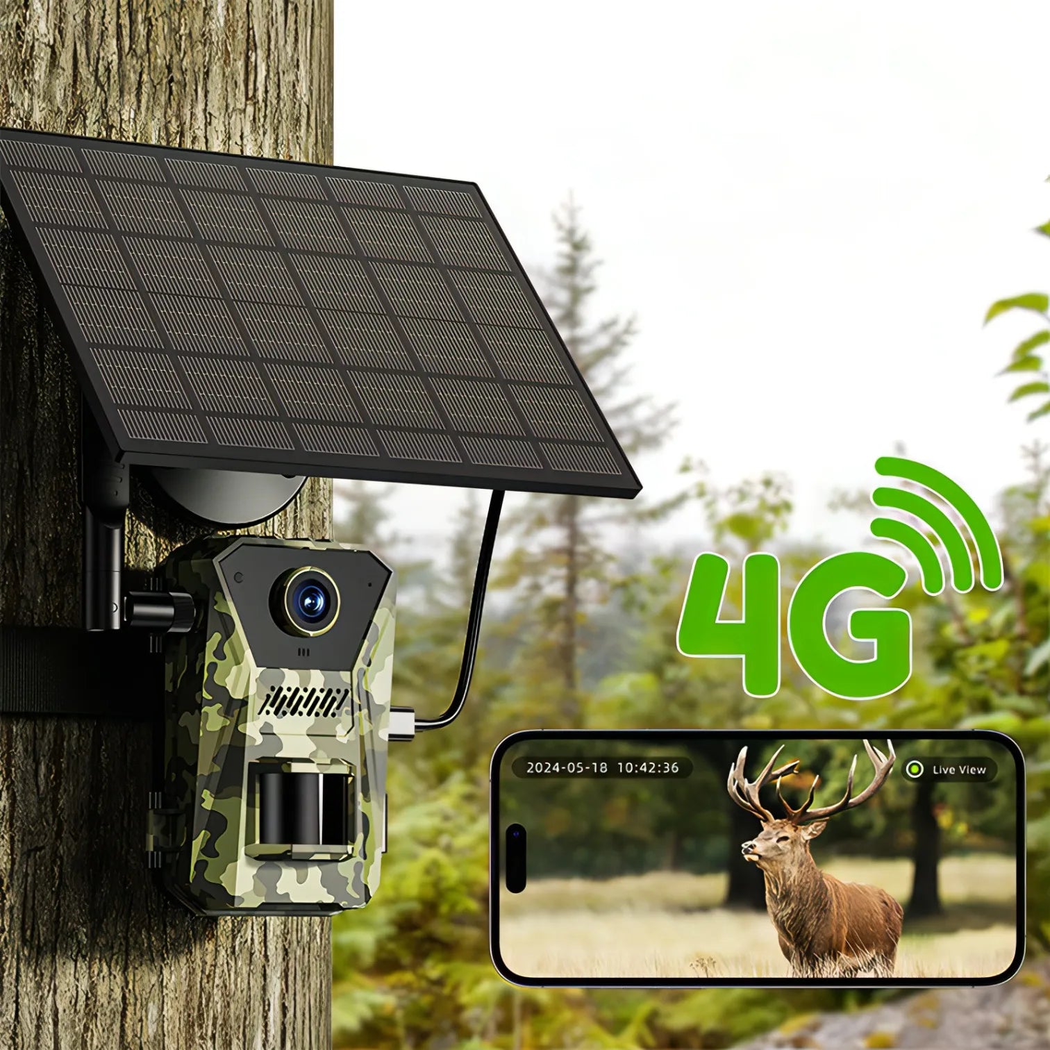 Optinexo OWL-X Trail Camera with solar panel and 4G connectivity, showing a deer on a smartphone screen.